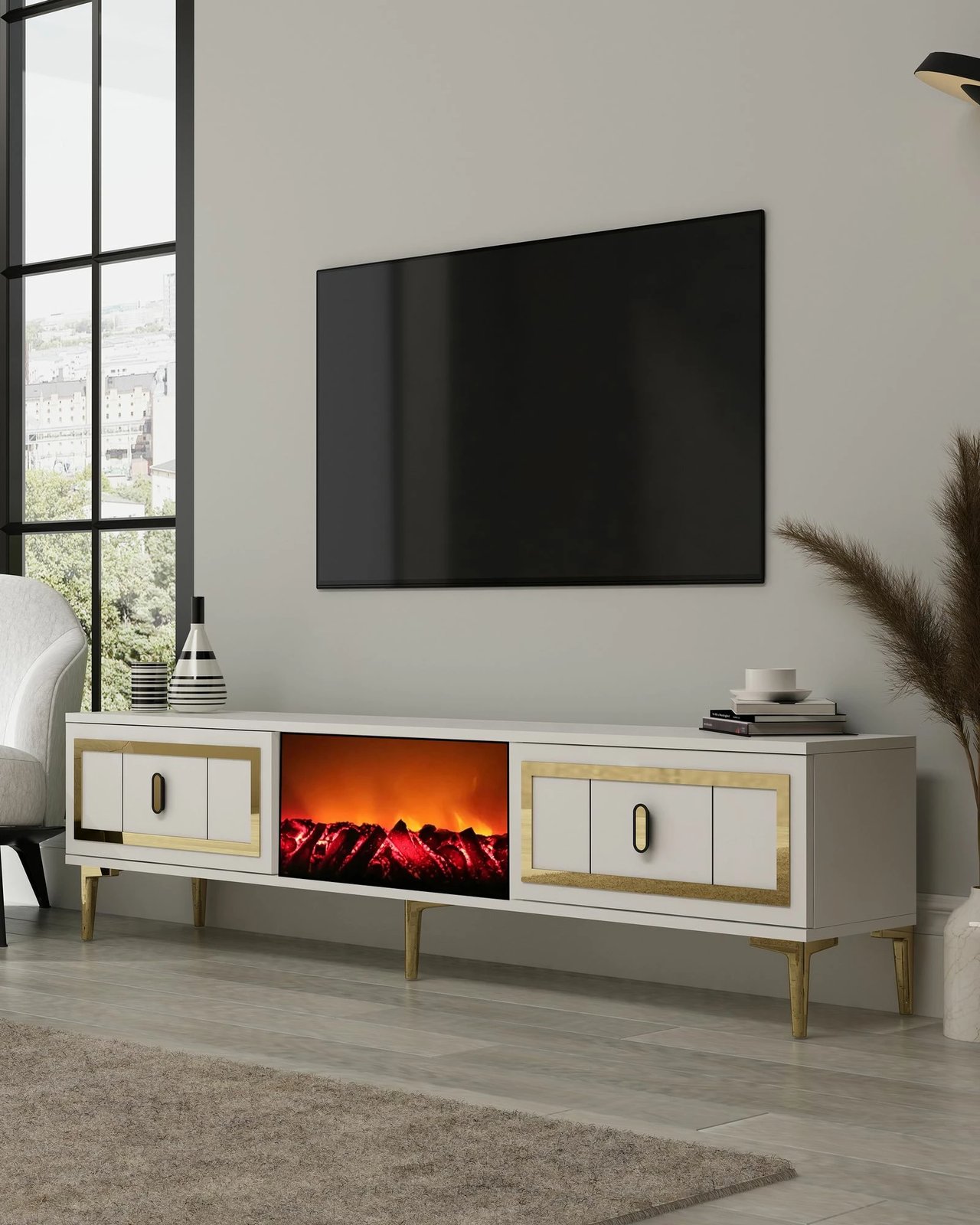 Komodë TV Skye Decor, me oxhak Orion, e bardhë dhe e artë