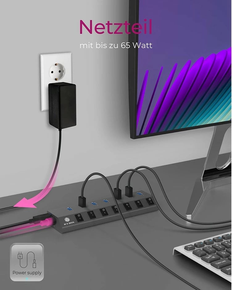 USB hub ICY BOX IB-HUB1701-C3, 7 porta, USB 3.2, alumini, anthracite