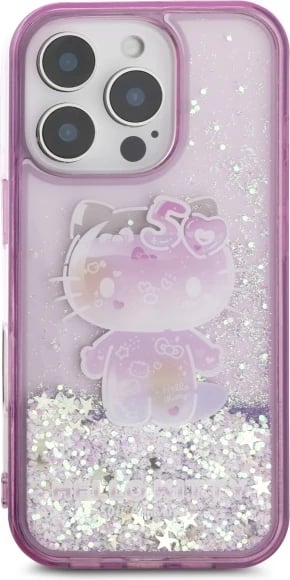 Mbështjellës Hello Kitty Liquid Glitter 50TH Anniversary Party për iPhone 16 Pro, Violet