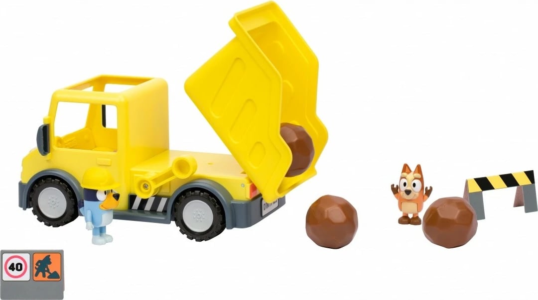 Set lodrash Bluey me kamion dump truck dhe 2 figurina, plastikë, verdhë