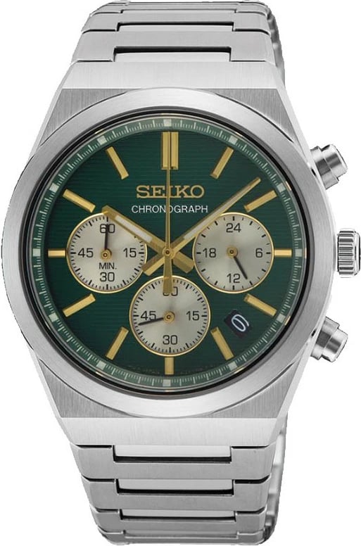 Seiko Chronograph Men's Silver Watch Green Dial
