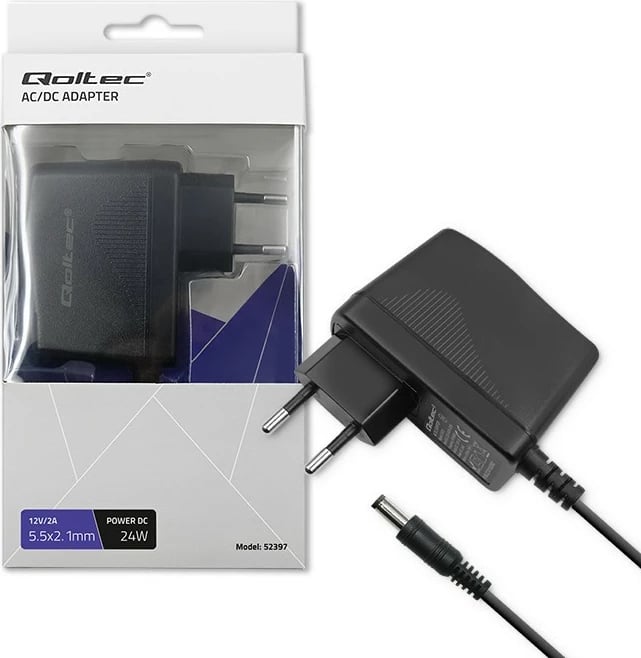 Kasë furnizimi Qoltec 52397, 24W, 12V, 2A, 5.5x2.1mm, e zezë