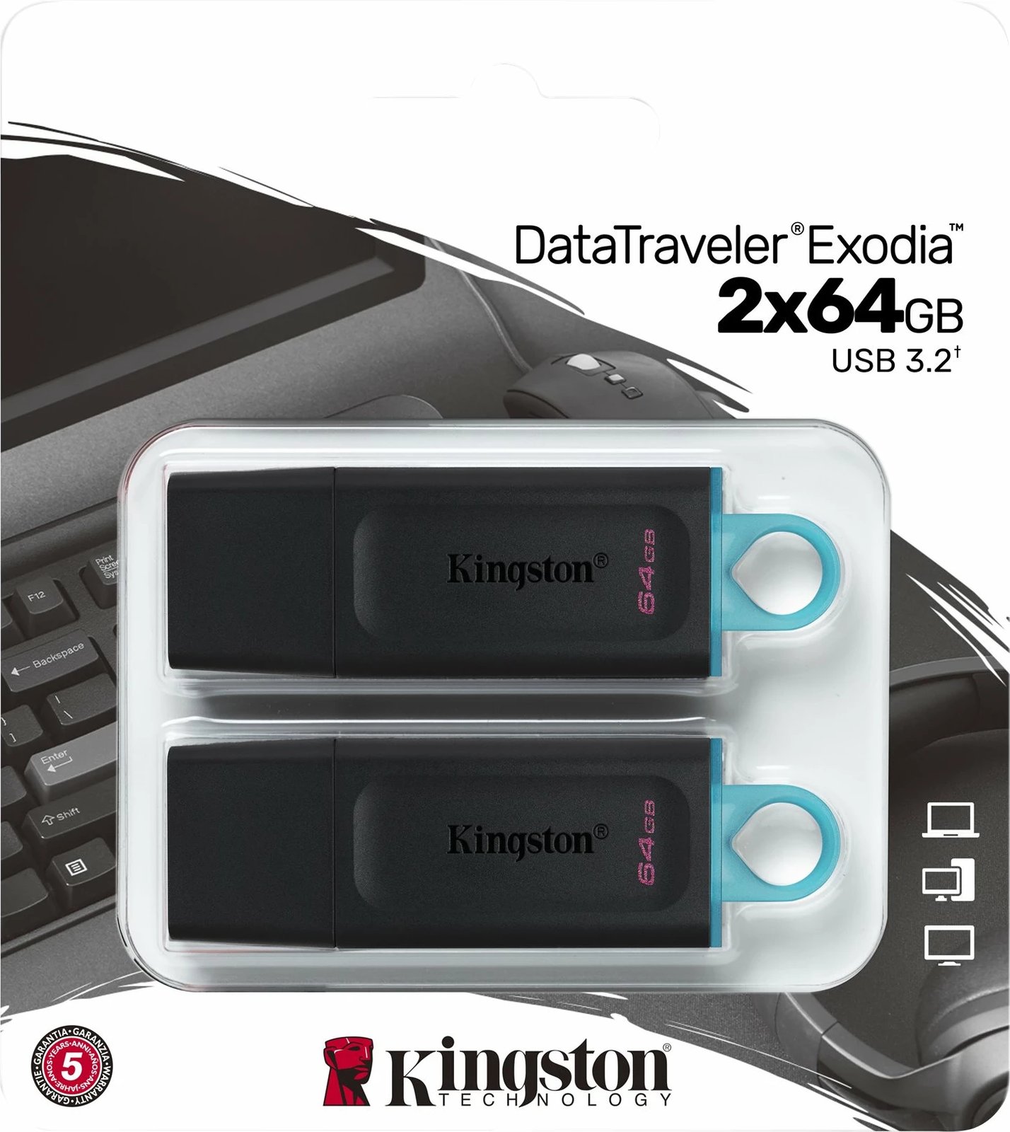 USB Kingston DataTraveler Exodia 64GB, 2 copë, Zi/Kaltër