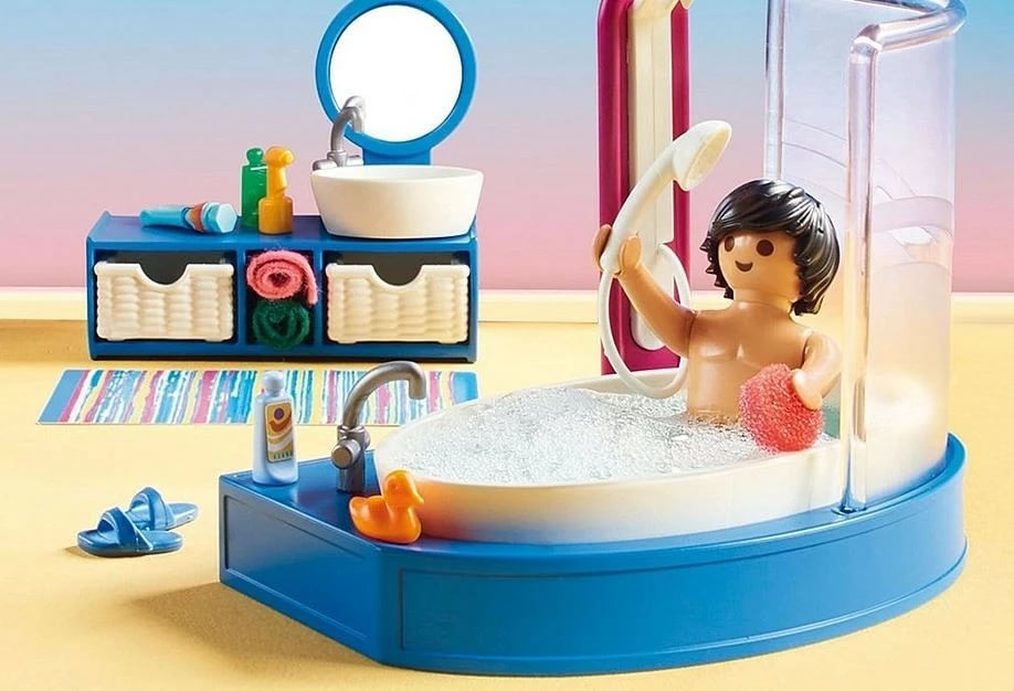 Set lodrash Playmobil Dollhouse 70211, banjo me vaskë, 51 pjesë
