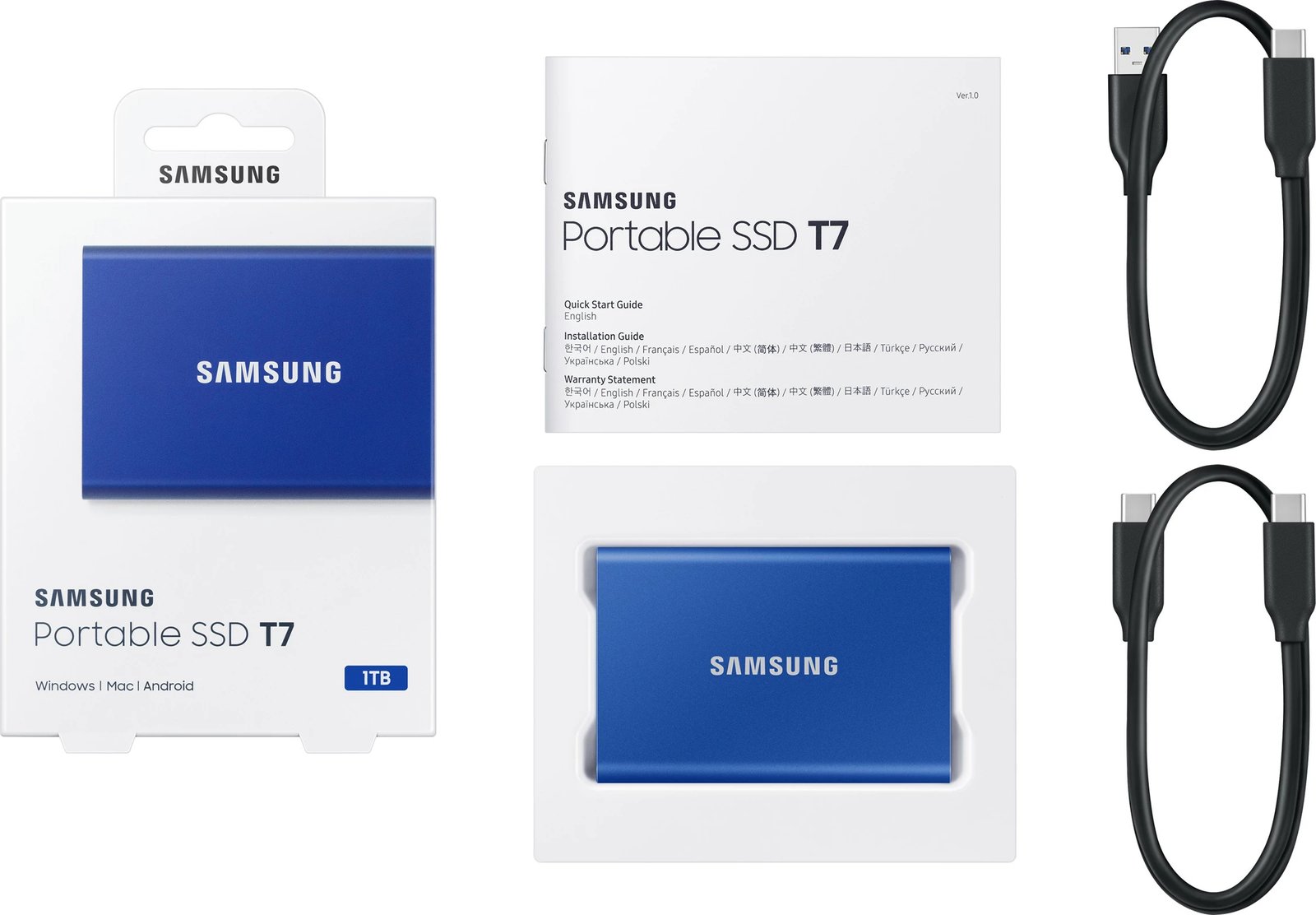 SSD portabël Samsung T7, 1 TB, USB Type-C, 3.2 Gen 2, Blu