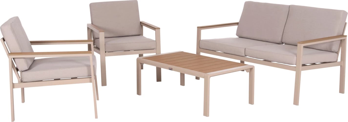 Set lounge për jashtë, 4 pjesë, SAFIN FH6278.04, alumin, ngjyrë kapuçino, polywood, stof OLEFIN, bezhë