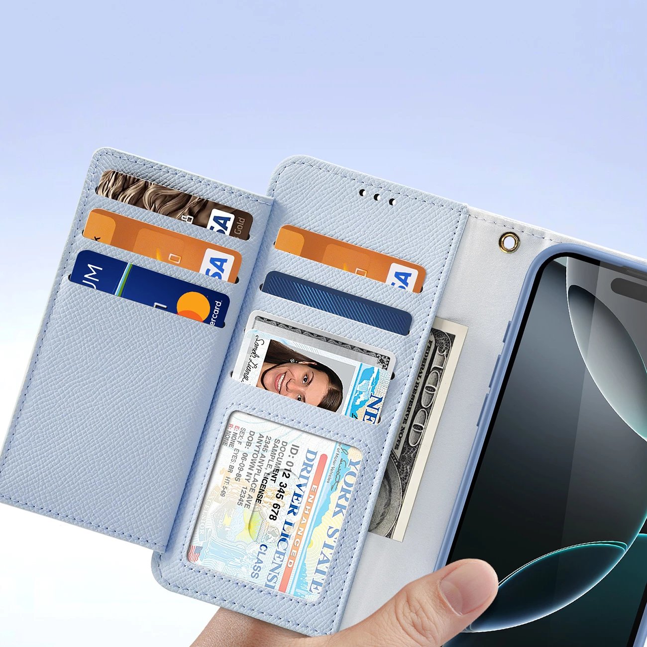 Mbështjellës Dux Ducis Lawa për iPhone 16 Pro, lëkurë, me portofol magnetik të ndashëm, kaltër