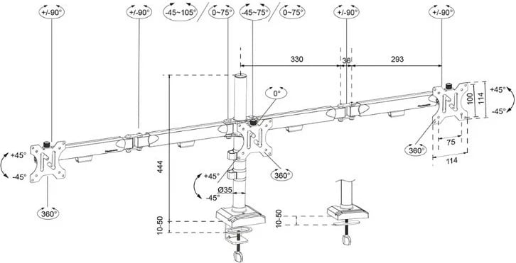Krah monitori Neomounts DS60-600BL3 për 3 monitorë, tavolinë, i zi