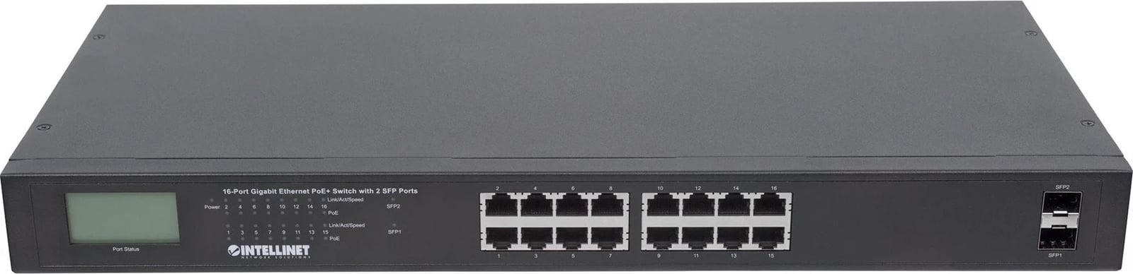 Switch Ethernet Gigabit PoE+ Intellinet me 16 Porta dhe 2 Porta SFP, i Zi