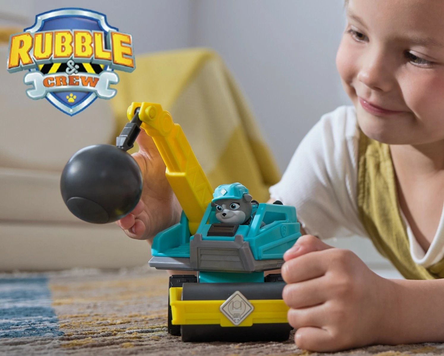 Lodër mjet ndërtimi, Spin Master Paw Patrol Rubble & Crew Motor’s Wrecking Ball 6069674, plastikë, pa bateri, azure/verdhe, set me figurë