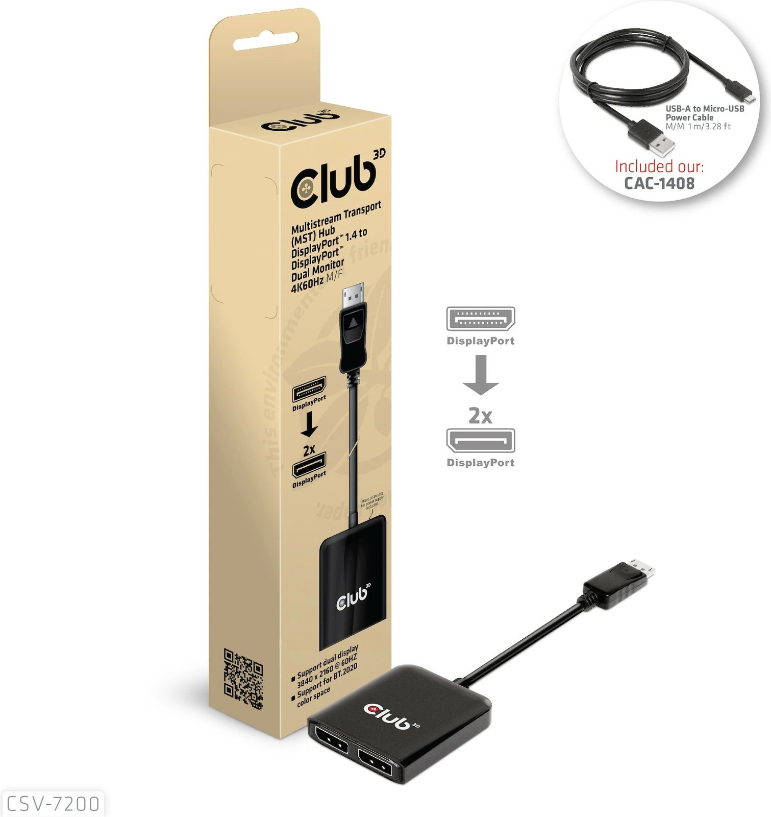 Adapter DisplayPort Club3D Multi Streaming Transport Hub 1xDP në DP/HDMI 4K60Hz, 1m, gri