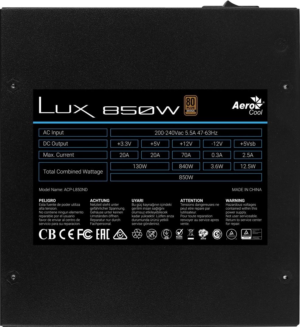 Furnizues i Energjisë për PC Aerocool LUX850, 850W, 80 Plus Bronze, i Zi