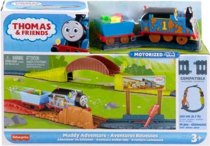 Set trenash Fisher Price Thomas & Friends Muddy Adventure me lokomotivë motorizuese, shumëngjyrësh