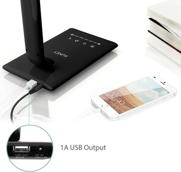 Lampë tavoline LED, AUKEY LT-T10, 12W, 3000-6500K, 7 nivele ndriçimi, 5 moda, port USB, e zezë