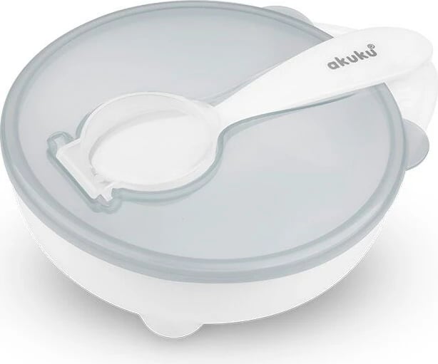 tas me kapak dhe lugë plastike, Akuku, BPA-free, për mikrovalë dhe enëlarëse, për bebe 4m+, e bardhë, set