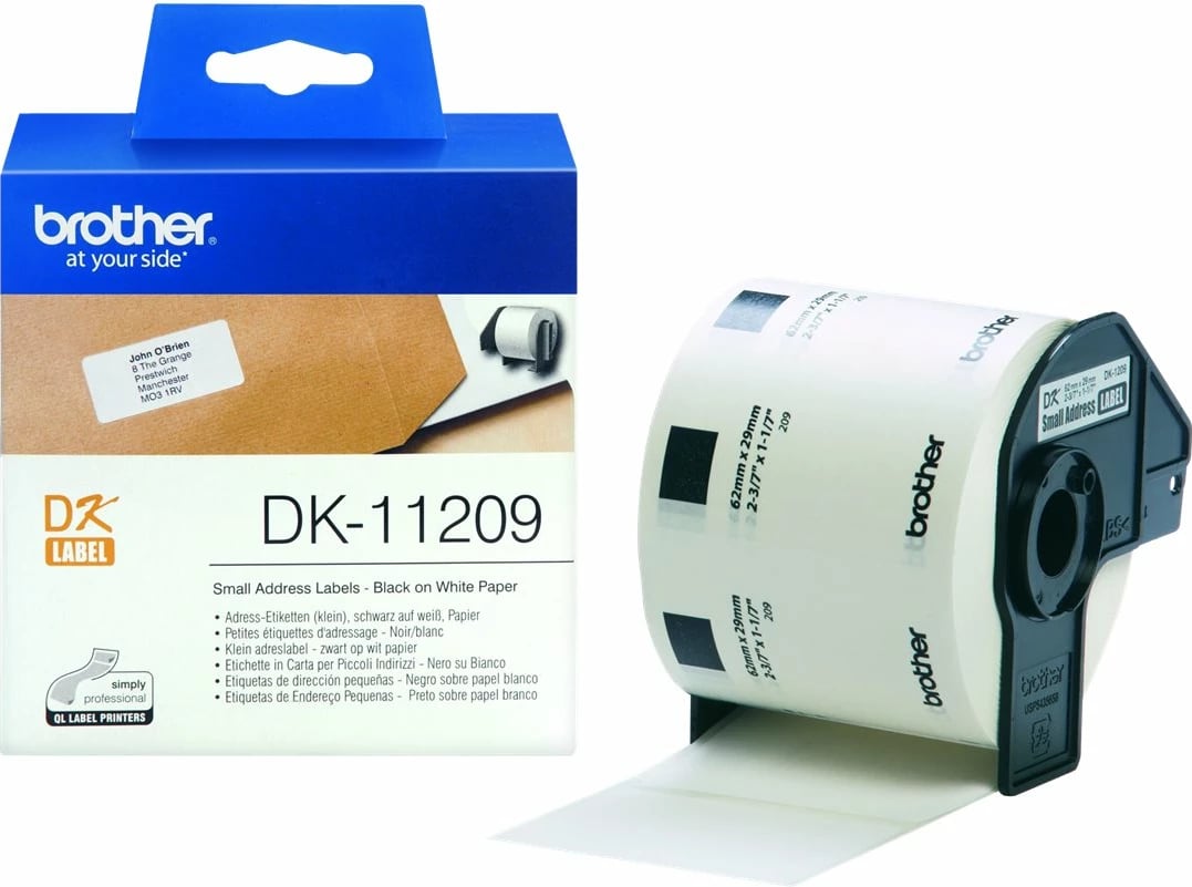Etiketa adrese Brother DK-11209, 800 copë, 29mm x 62mm, bardhë/zi