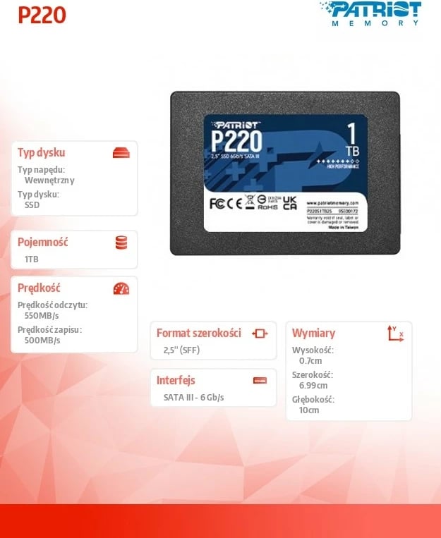 SSD Patriot P220 1TB, 2.5", SATA III