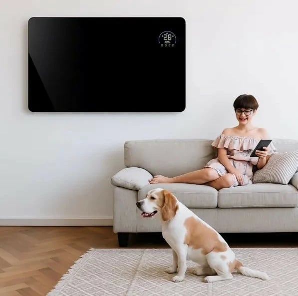 ngrohës panelor me infra të kuqe prej xhami, MPM MUG-23, 600W, Wi‑Fi Tuya, telekomandë, ekran LED, montim në mur ose me këmbë, e zezë