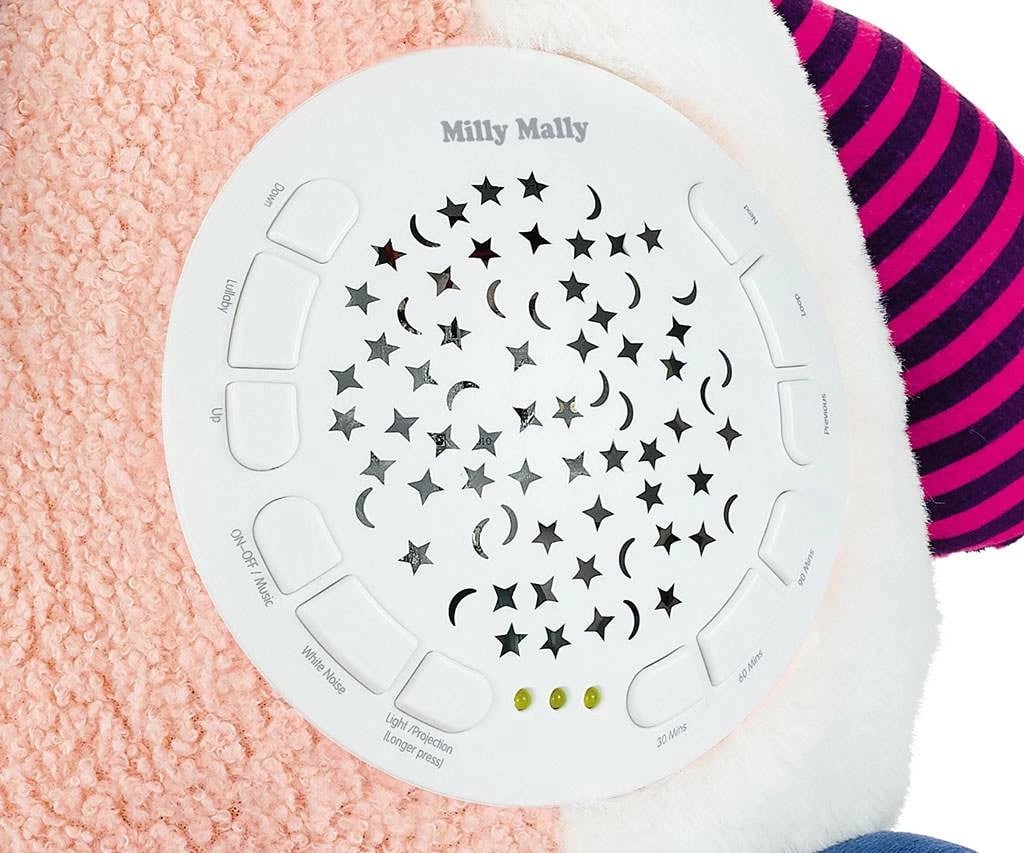 lodër pelushi me projektor, Milly Mally, dhelpër, 10 ninulla & 5 zhurma të bardha, timer 30/60/90 min, multingjyrës