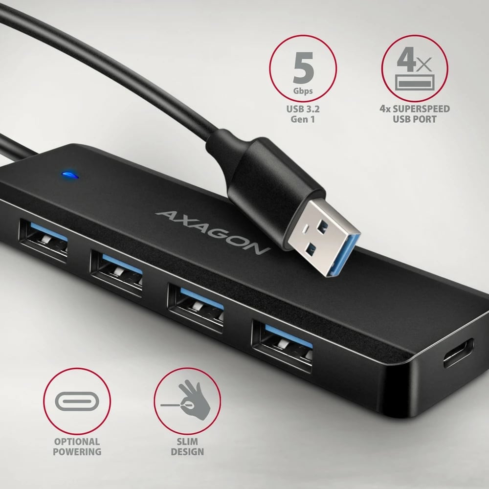 Kasë AXAGON HUE-C1A, 4 porta USB 5Gbps, USB-C Power IN, 19cm kabllo, E zezë