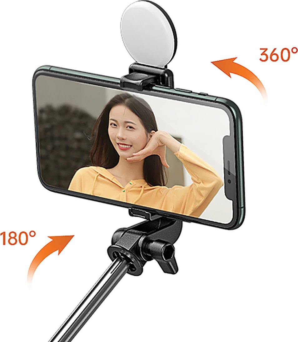 Selfie stick Hurtel WH1YXS tripod teleskopik 1m me llambë LED, mbajtëse telefoni, e zezë