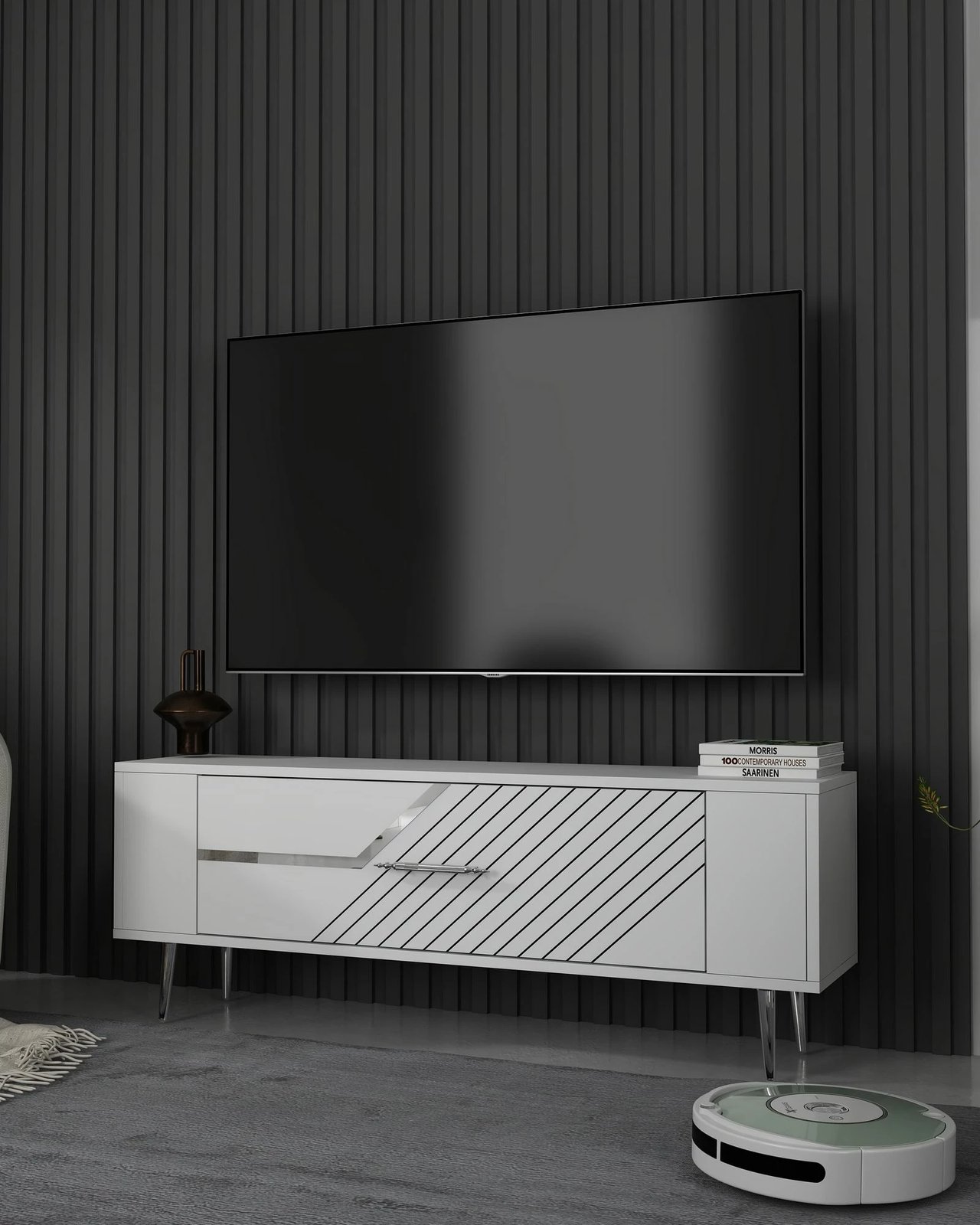 Komodë TV moderne, ngjyrë e bardhë dhe argjendtë, Skye Decor Retrolp5