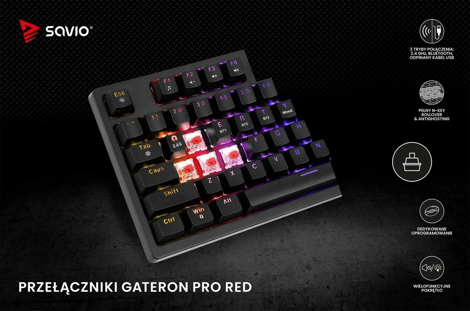 Tastierë mekanike wireless Savio Phenix, Gateron Red Pro, 82 taste, RGB, e zezë