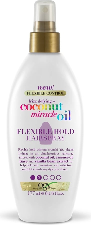 Lak për flokë për femra OGX Frizz-Defying + Coconut Miracle Oil Flexible Hold Hairspray, 177ml