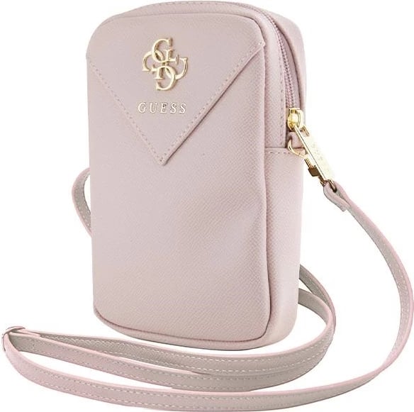 Mbështjellës Guess ZIP Leather Triangle 4G për celular, rozë