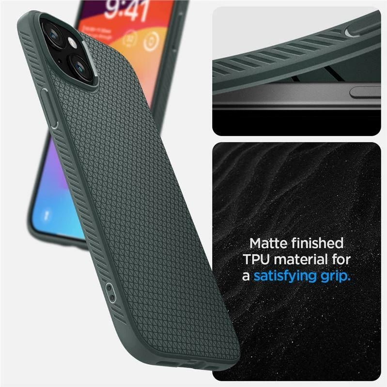 Mbështjellës Spigen Liquid Air për iPhone 15 Plus, Gjelbër e errët