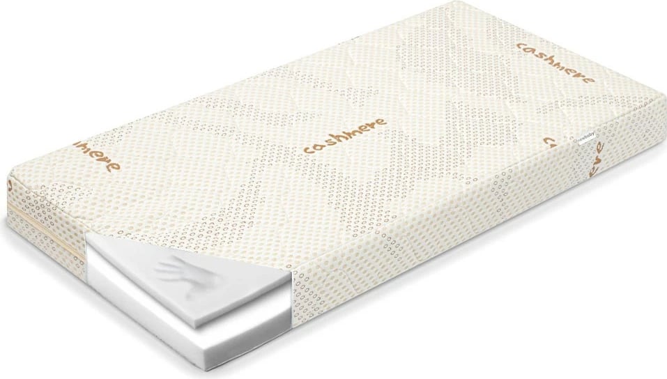 Dyshek fëmijësh, New Baby, CLASSY, 120x60x11 cm, VISCO memory foam + shkumë poliuretani, mbulesë kashmir, i dyanshëm, i bardhë