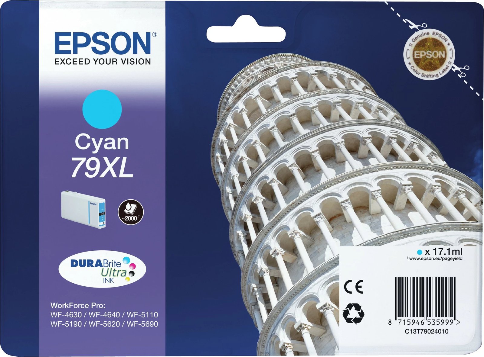 Bojë Epson Tower of Pisa Singlepack Cyan 79XL DURABrite Ultra, XL, Cyan