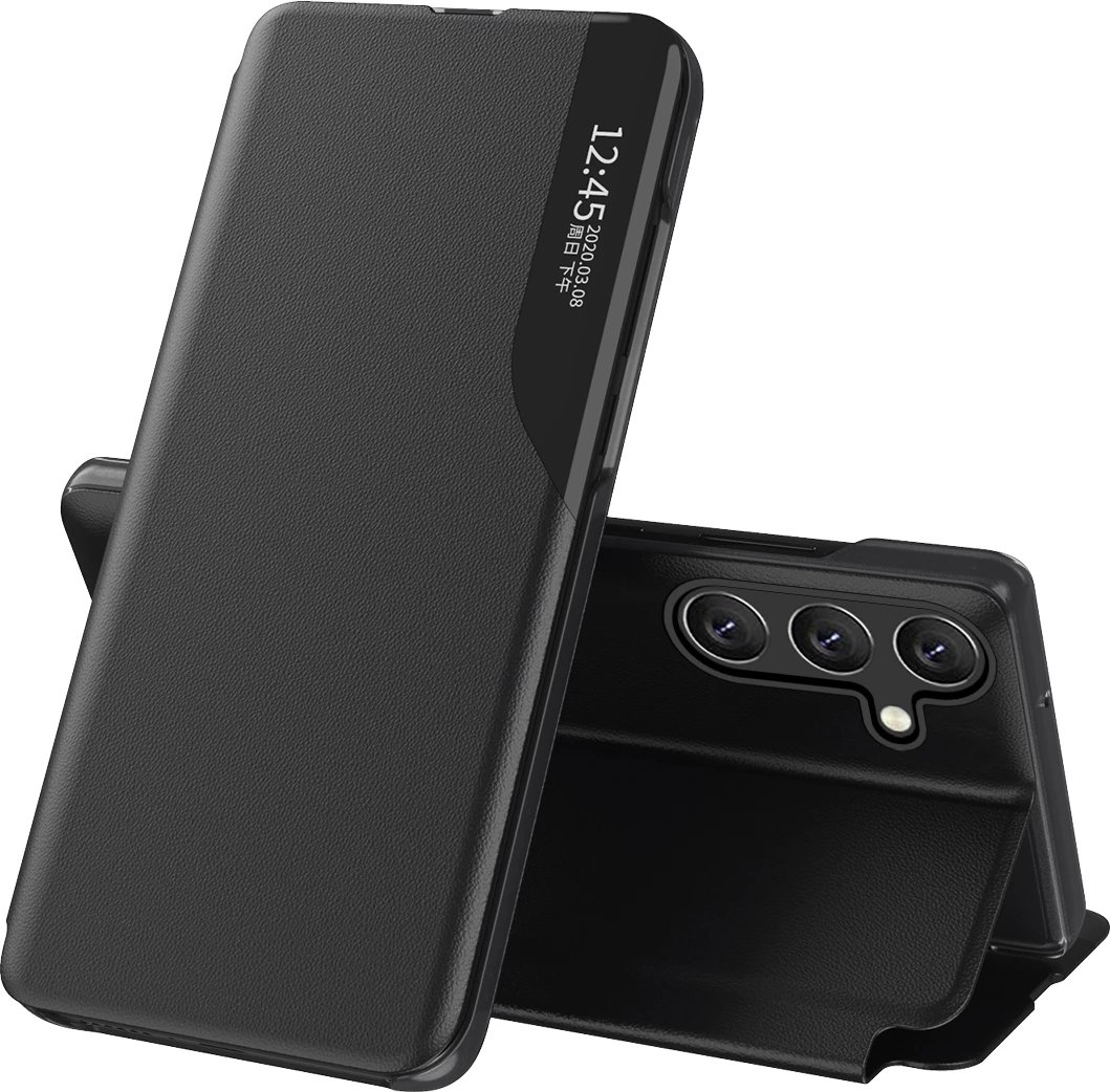 Mbështjellës Hurtel Eco Leather View Case për Samsung Galaxy A36, me kapak dhe funksion stand, i zi