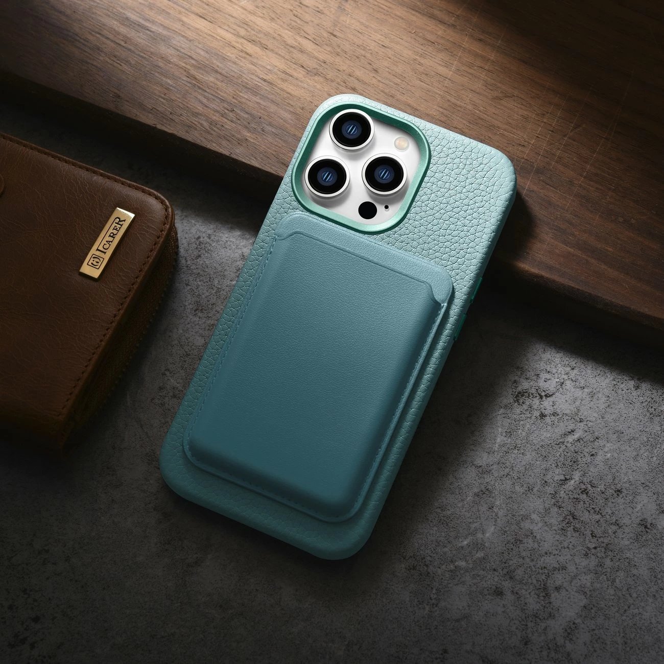 Mbështjellës iCarer Litchi Premium për iPhone 14 Pro, lëkurë natyrale, MagSafe, Jeshil