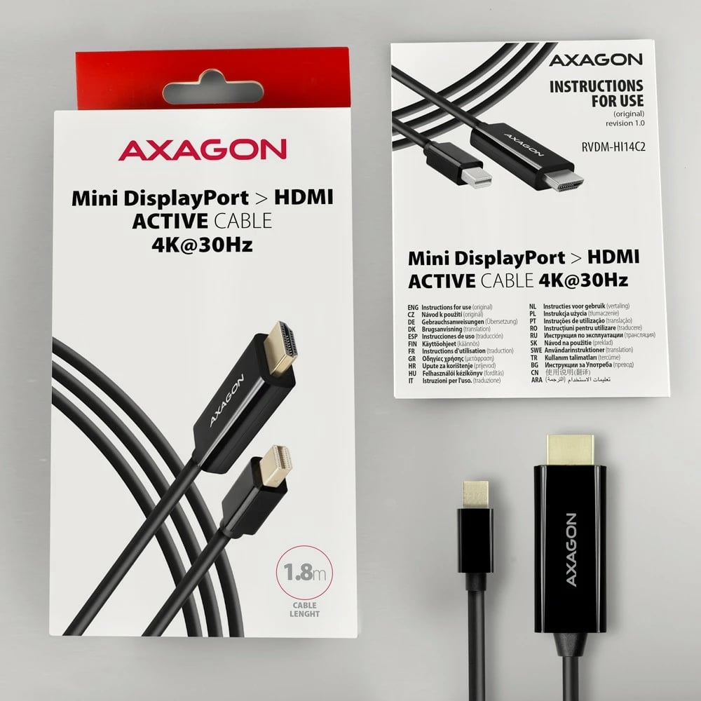 Kabllo/adapter aktiv AXAGON RVDM-HI14C2 Mini DisplayPort në HDMI, 1.8m, e zezë
