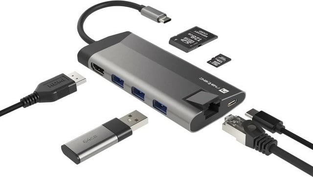 Multiport docking station Natec Fowler Plus, NMP-1690, 8 porte, USB-C PD, HDMI 4K, RJ45, SD/microSD, Gri