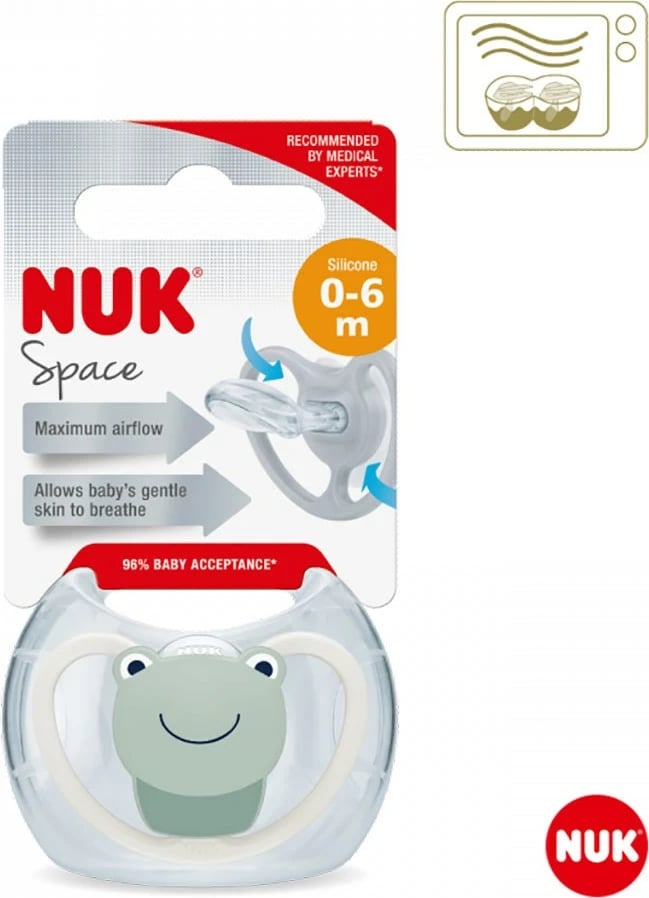 cicë qetësuese, NUK, Space, 0-6 m, silikon, 1 copë/box, me motiv bretkosë, e gjelbër