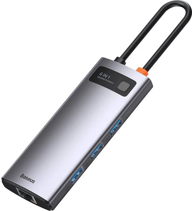 Kasë Baseus Metal Gleam Series CAHUB-CW0G, 6-në-1, USB-C në 3x USB 3.0 + HDMI + USB-C PD + Ethernet RJ45, Gri