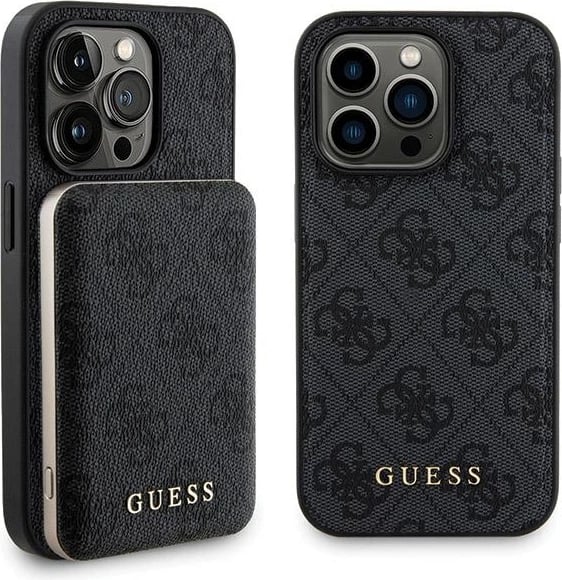 Mbështjellës Guess 4G Metal Logo me powerbank MagSafe 5000mAh për iPhone 14 Pro Max, Zi, Set