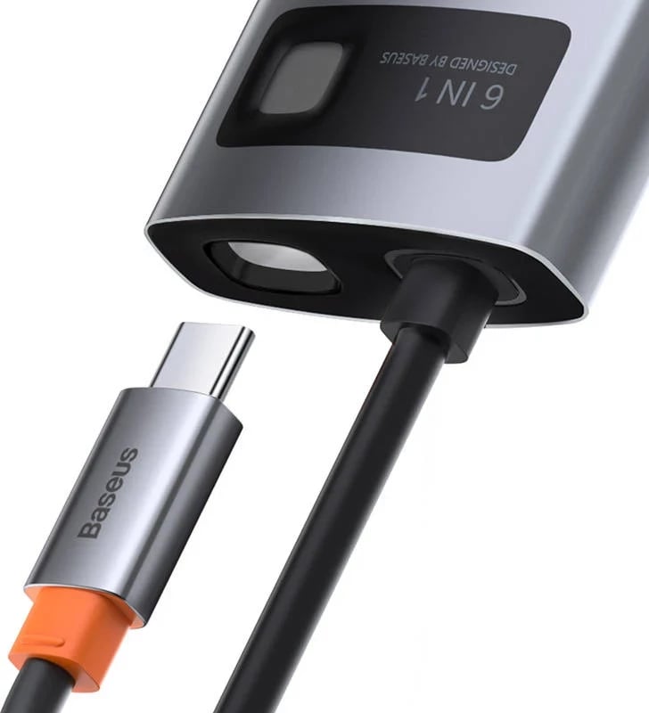 Kasë Baseus Metal Gleam Series CAHUB-CW0G, 6-në-1, USB-C në 3x USB 3.0 + HDMI + USB-C PD + Ethernet RJ45, Gri