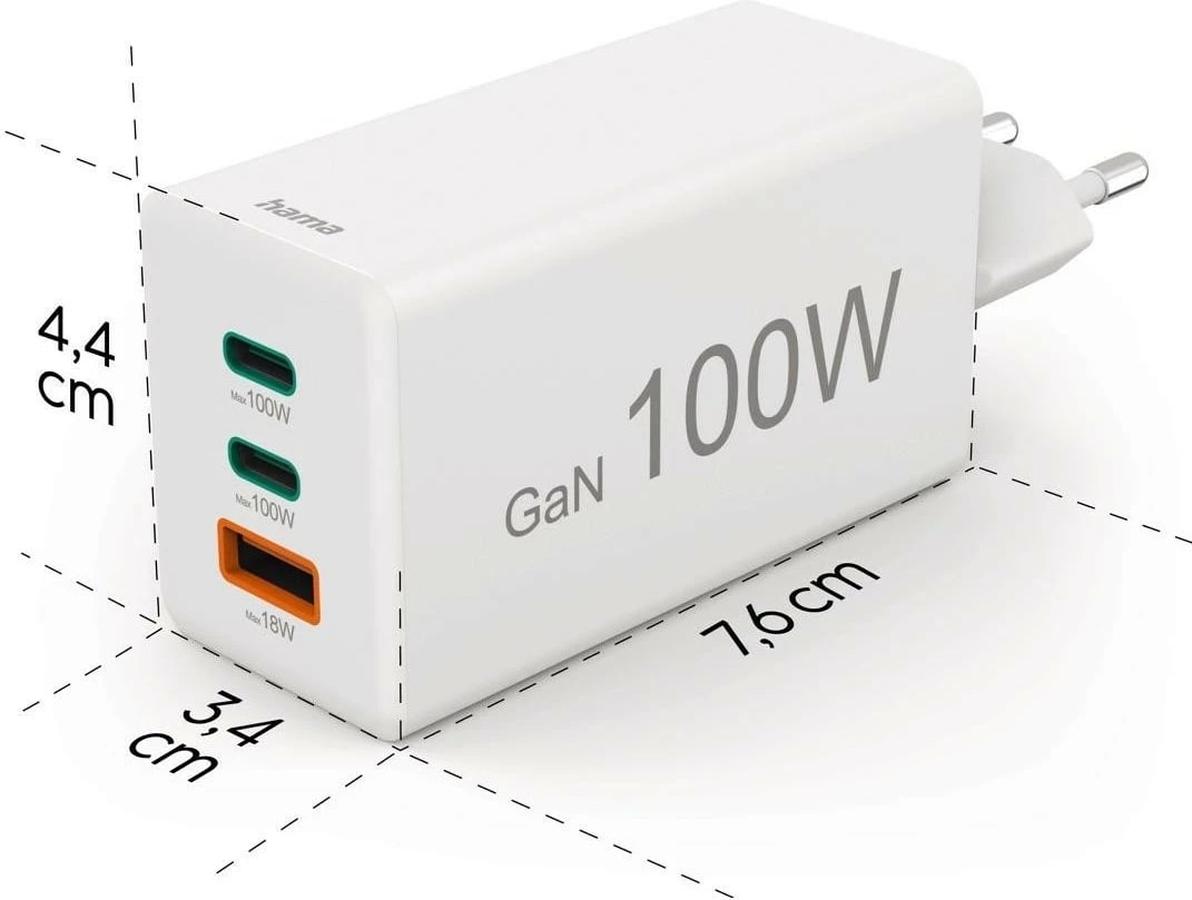 Karikues Hama mini 100W GaN PD/QC 2x USB-C, 1x USB-A bardhë