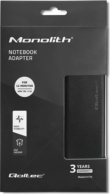 Adapter energjie për monitor Qoltec 51775, 40W, 19V, 2.1A, për LG, i zi, me kabllo