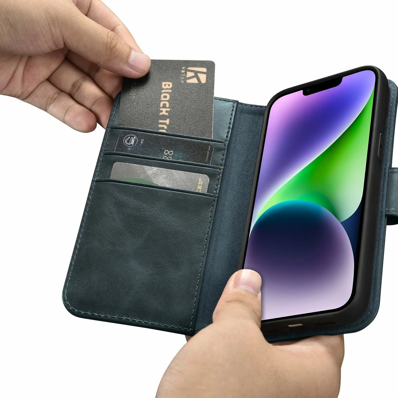 Mbështjellës iCarer Oil Wax Wallet 2in1 për iPhone 14 Plus, lëkurë, Anti-RFID, Blu