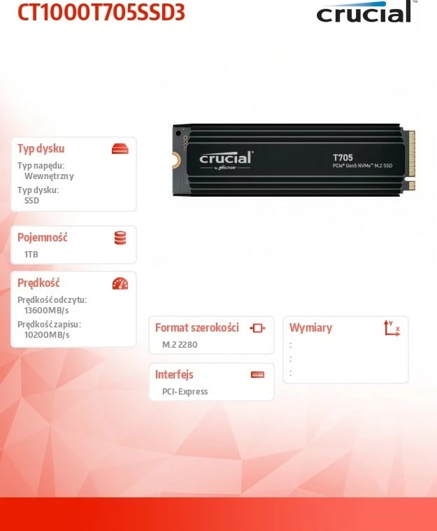SSD Crucial T705, 1TB, M.2 2280, PCIe 5.0, NVMe, i zi