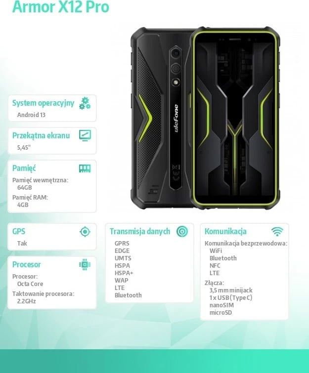 Celular Ulefone Armor X12, 4G, 3/32GB, IP69K, Gjelbër