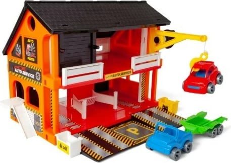 Set loje garazh auto, Wader, 25471, dykatësh me ashensor e vinç, 2 makina + 1 rimorkio, shumëngjyrësh