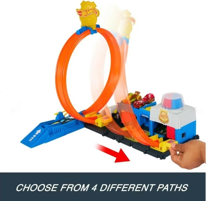 Set pistë makine Hot Wheels City Super Police Station JBM71, me lak të rregullueshëm dhe 1 makinë 1:64, shumëngjyrësh