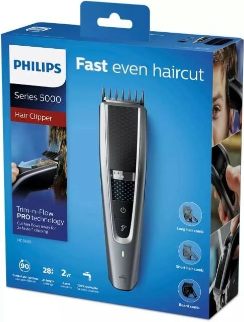 Makinë rroje Philips HC5630/15, për flokë dhe mjekër, 90 min, e zezë/çelik, set aksesorësh