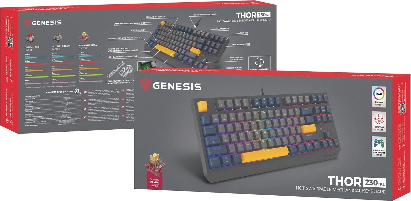 Tastierë gaming GENESIS Thor 230 TKL, mekanike, RGB LED, USB, Kaltër