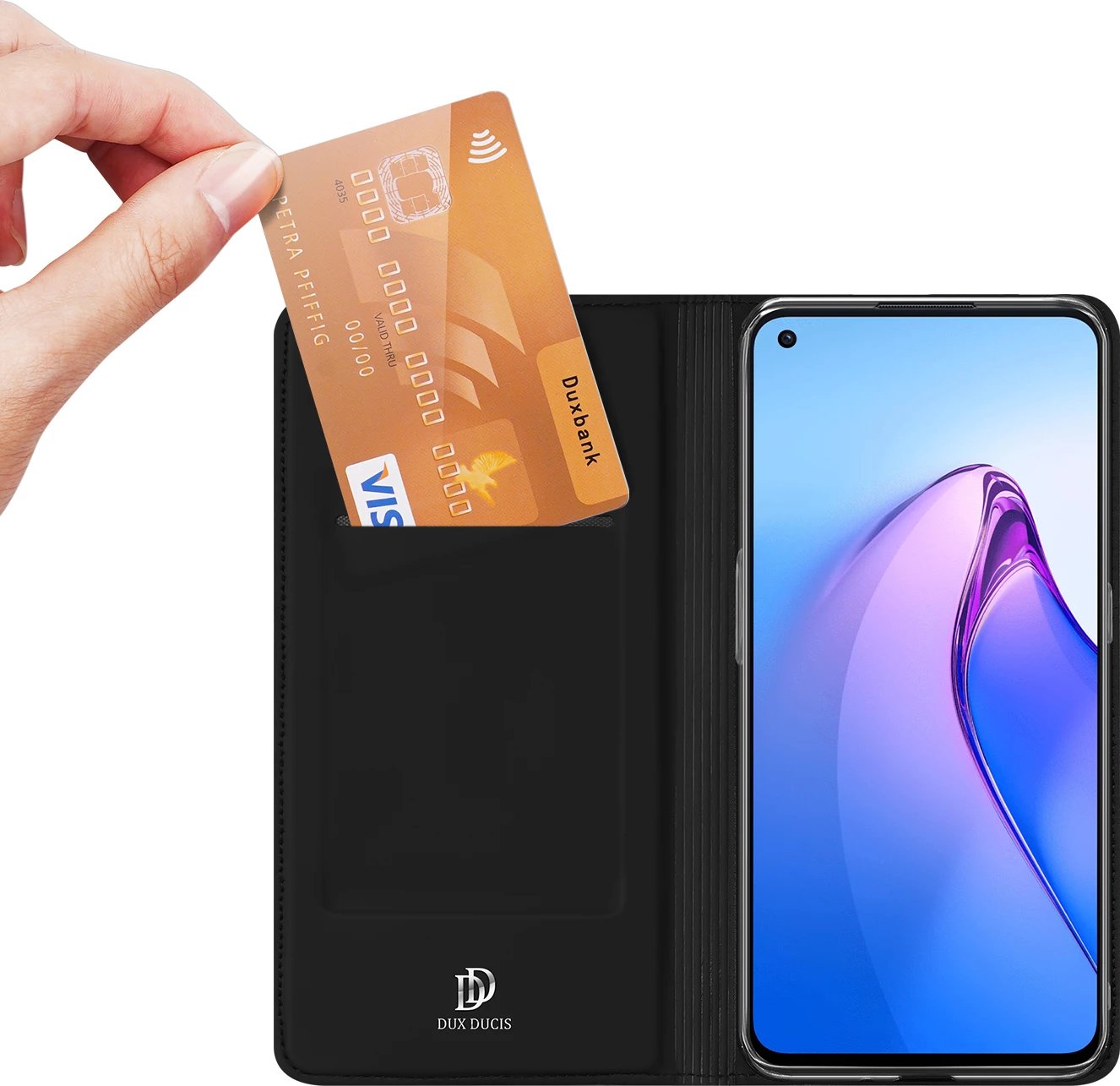 Mbështjellës Dux Ducis Skin Pro për Oppo Reno 8, me kapak, xhep kartelash dhe qëndrim, i zi